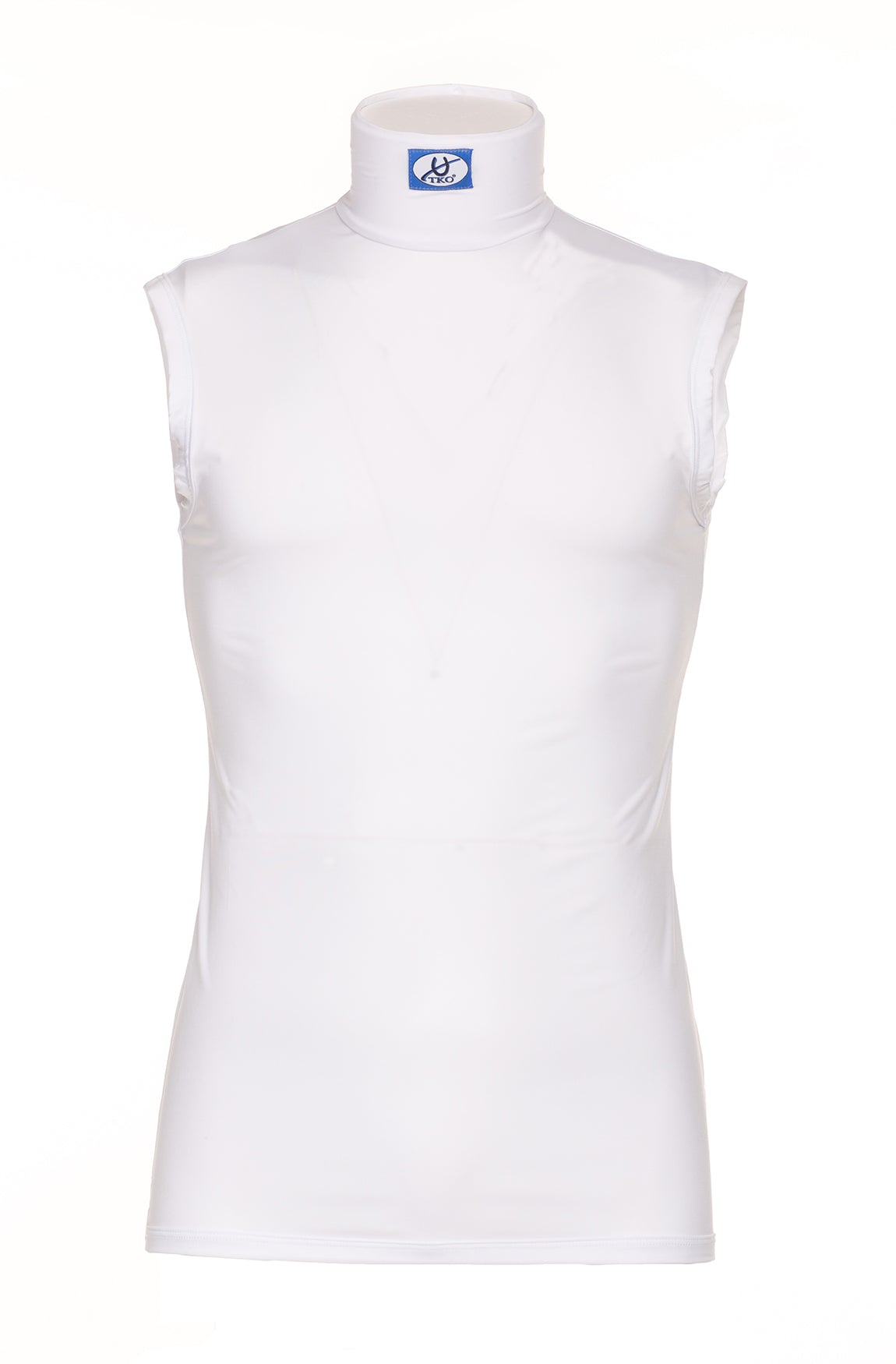 White sleeveless cotton jockey shirt from TKO, ideal for summer riding, customizable with embroidery options.