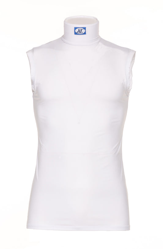 White sleeveless cotton jockey shirt from TKO, ideal for summer riding, customizable with embroidery options.