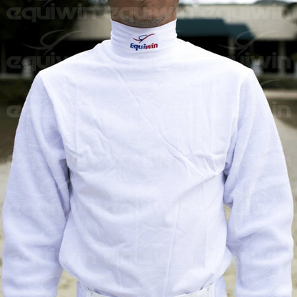 Equiwin black cotton turtleneck long-sleeve riding shirt with red sleeves, embroidered logo, and stylish fit for equestrians
