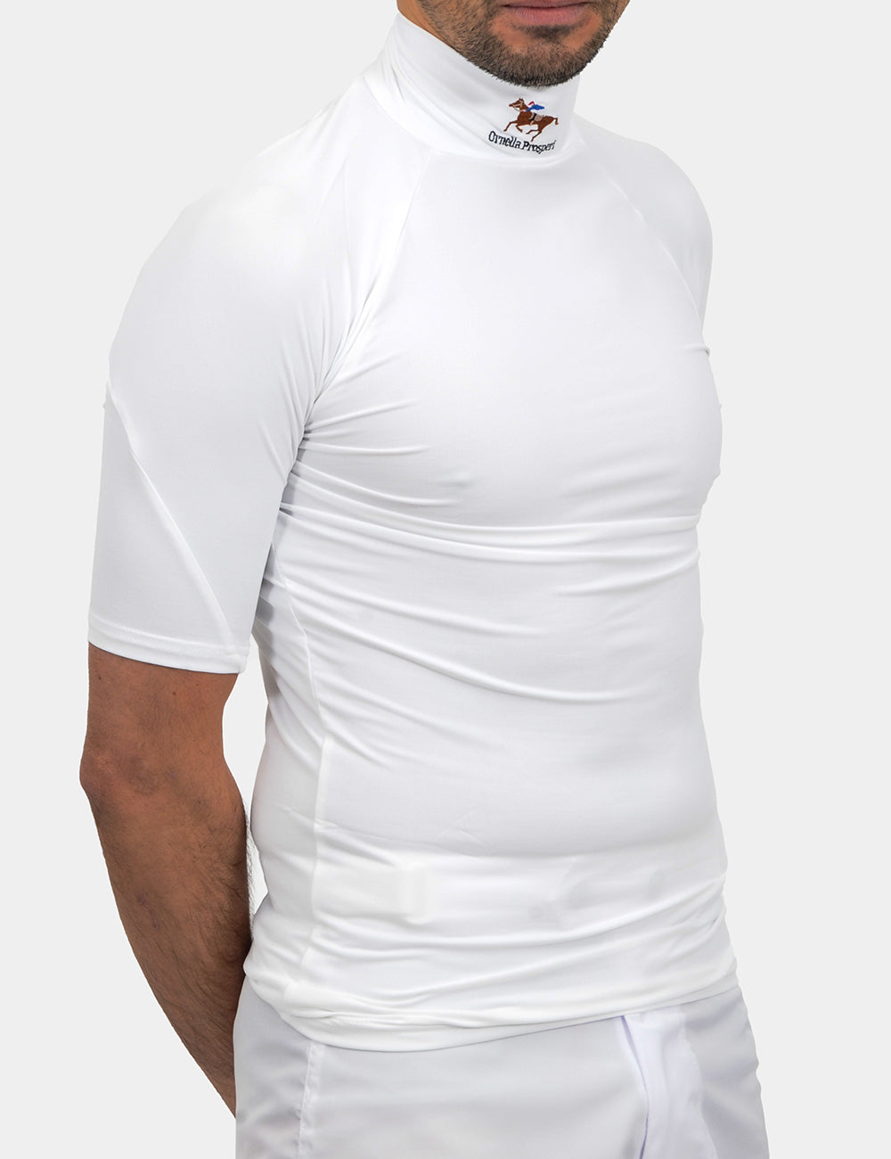 White short-sleeve equestrian jockey shirt with button collar by Ornella Prosperi, model 031AN, available in multiple sizes.