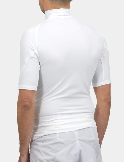 White short-sleeve jockey shirt with logo, designed for equestrian competitions by Ornella Prosperi (OPR)