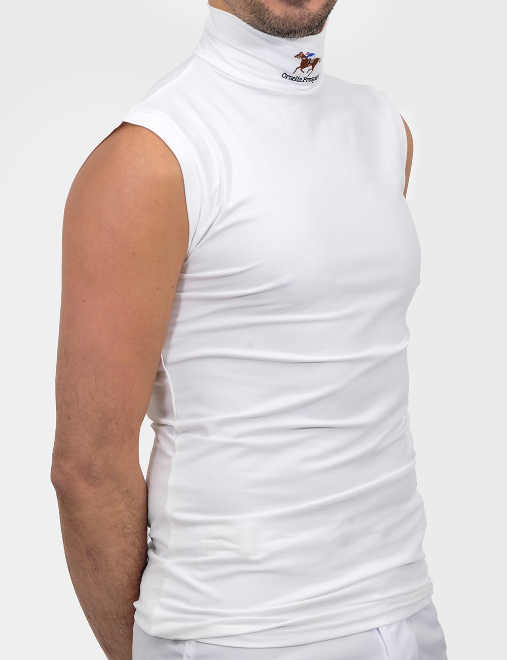 White sleeveless shirt for jockeys by OPR, featuring a fitted design and breathable fabric, available in multiple sizes.